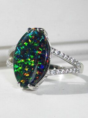 925 Sterling Silver Marquise Lab Created Green Black Opal CZ Ring